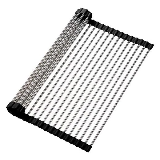 Roll up Dish Drying Rack, Over the Sink Kitchen Rolling Large Rack(17.7”x16.1”) Multipurpose Dry Rack Drainer 304 Stainless Steel Foldable Dish Drying Rack for Kitchen Sink Counter (Black)