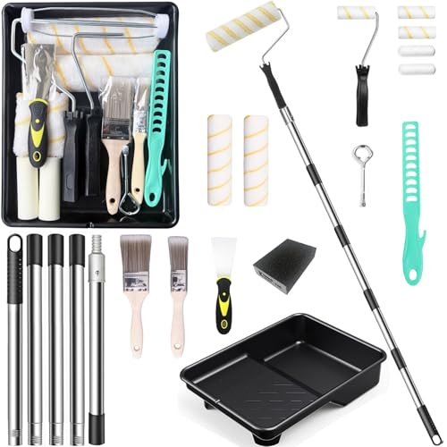 Paint Roller Set 20 pcs Extended Pole Paint Tray Set Paint Roller Kit Bristle Brushes for Walls and Ceiling Home Wall Renovation