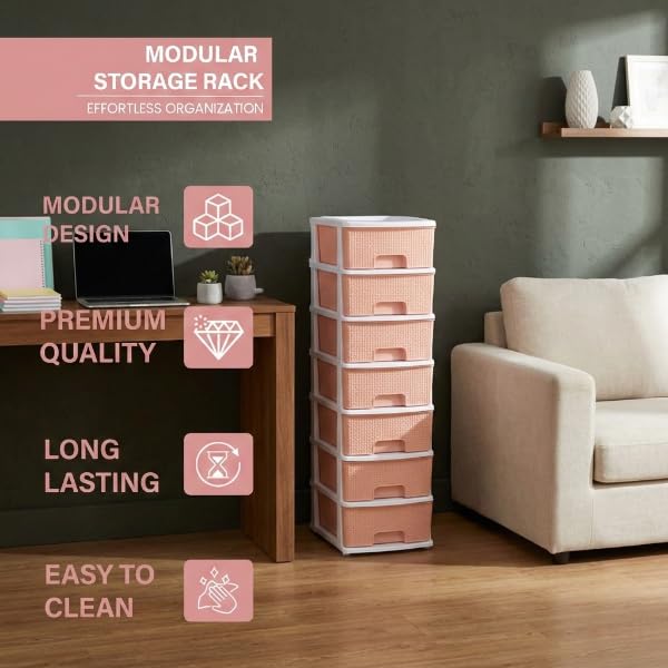 Image of KITCHIVO Plastic Modular Drawer Storage Chest Of Drawers Organizer Storage Box, Large Stomo Racks For Multipurpose Anti-slip Shoes Organizers (White & Peach, 7 Layer)