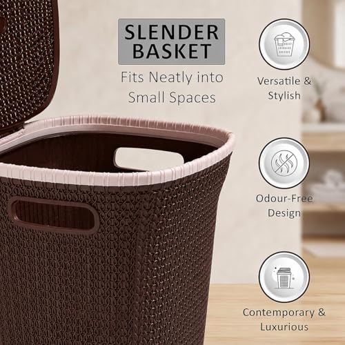 Image of KITCHIVO Plastic Large 55 Ltr Laundry Basket with Lid & Handle | Multipurpose Hamper Bins Storing Washable Clothes, Blankets | Household Ideal for Home & Bathroom (Marriott Brown Laundry Basket)