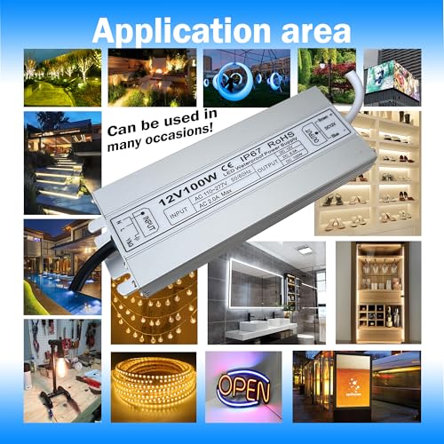 Image of Led Driver 12V Led Transformer 100W IP67 Waterproof Power Supply Ultra Thin 0.78in 100-277V AC to 12Vdc Low Voltage Transformers with 3-Prong Plug 3.3 Feet Cable Indoor Outdoor LED Light