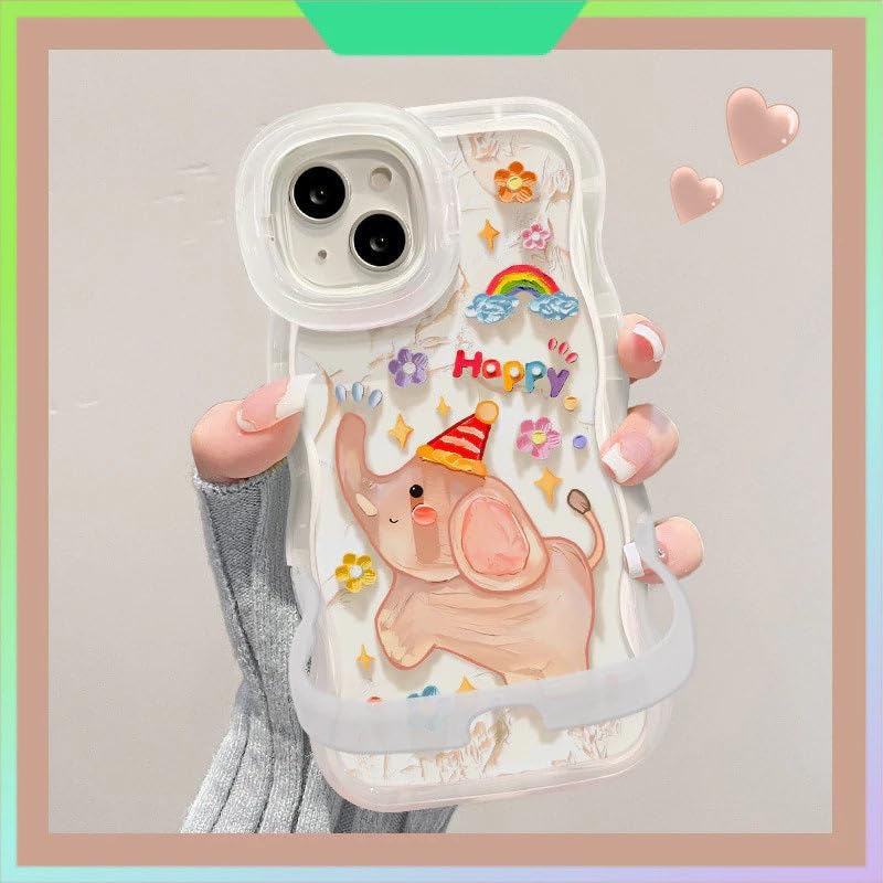 Image of COVERLY 3D Cute Creative Baby Elephant Cartoon Rainbow Star Floral Decor Wave Curly Edge Invisible Double Phone Stand Holder Hard Happy Dance Cover Girly Charm Case for Apple iPhone 17 (White Color)