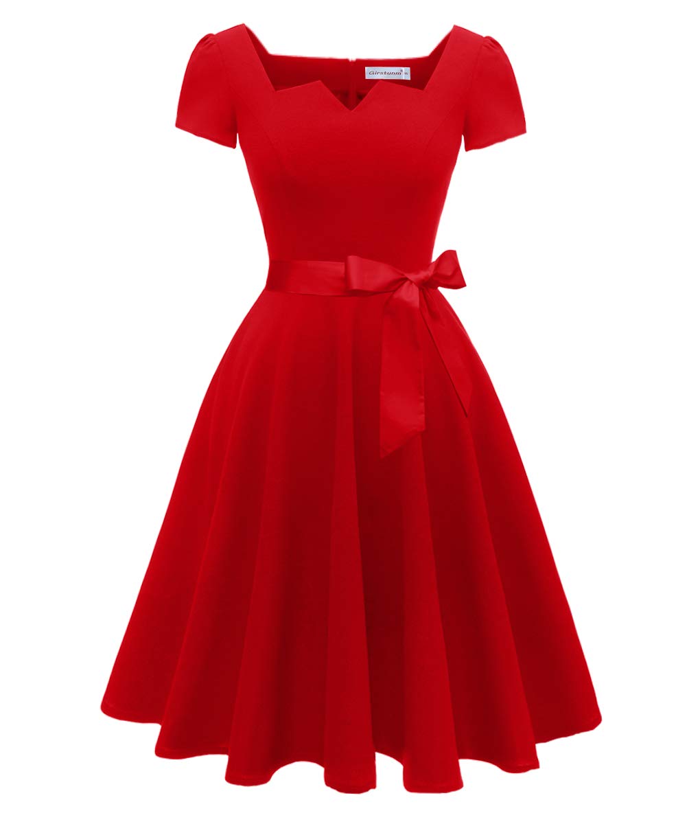 Girstunm Womens Classic Tea Dress Short Sleeve Swing Cocktail Party Dresses with Pockets