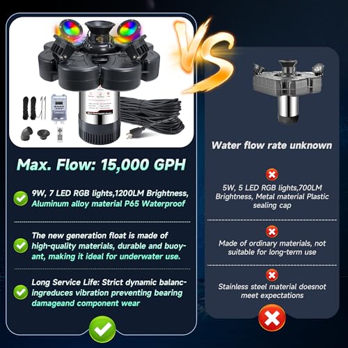 Image of RELIY Pond Fountain Aerator, With 4 RGB Lights 1HP 110V 15000 GPH Stainless Steel Fountain Pump, Fully Automatic Powerful Lake Floating Fountain, 100 FT Power Cord, Programmable Timer Switch