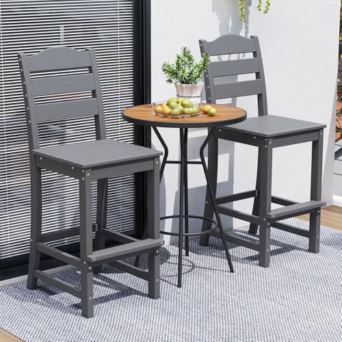 Image of Tangkula Patio HDPE Barstool, Outdoor High Top Bar Chair w /Backrest & Footrest, All-Weather Wood-Plastic Bar Height Chair for Poolside, Backyard, Porch (2, Grey)