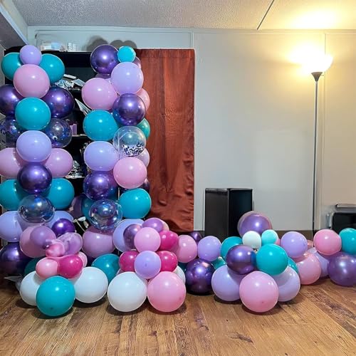 Image of Mermaid Balloon, 12 Inch Mermaid Theme Balloon, Metallic Purple Green Party Balloons, Teal Green Purple and White Balloons with Confetti for Mermaid Party Girls Birthday baby shower Decoration