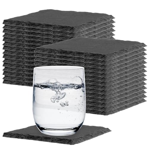 HEIHAK 30 PCS Black Square Slate Coasters 4 Inch Slate Placemats with Bottom Fixing Pads Multipurpose Coasters for Bar Kitchen Hotel Restaurant