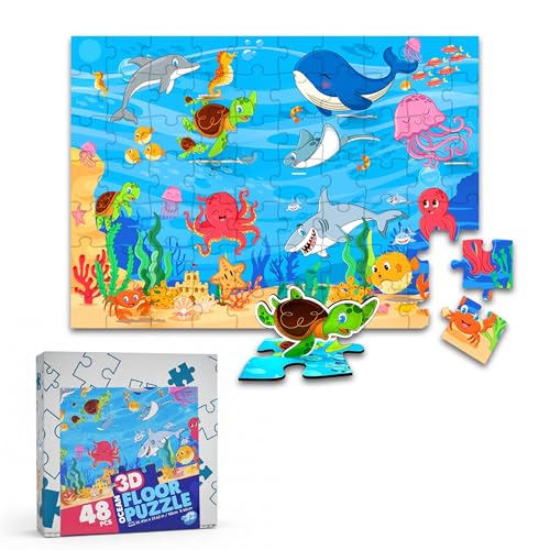 Jumbo 3D Ocean Floor Puzzle for Kids – Includes 7 Stand-Up Sea Animals - 48 pc Jumbo Jigsaw Puzzle | Educational Screen Free Activity for Toddler, Preschoolers and Kids Ages 3+ (2 x 3 Feet)
