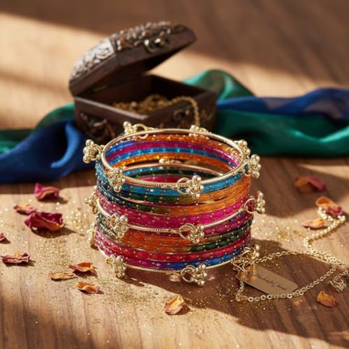 Image of Kashmiri Ghangharoo Glass Bangle Set for Women| Light Weight Bangles | Traditional Transparent Fancy Glass Chudi Set for Wedding, Party|Set Of 16(12 Glass + 4 ghungroo bangles)