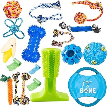 Fur & Bone Dog Chew Toys (18-Pack) - Puppy Toys for Boredom - Indestructible Rope & Squeaky Teething Toys for Small & Medium Dogs
