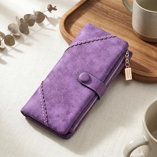 Image of Bird&Fish Women Vegan Leather Wallet Bifold Clutch Large Capacity Card Organizer Buckle Long Purse for Girls Candy Color