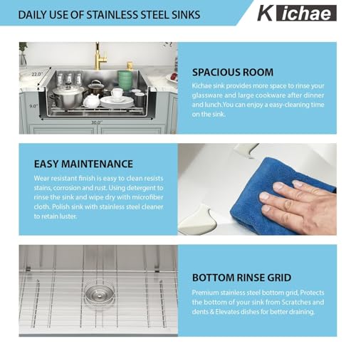 Image of Kichae 30 Inch Drop In Kitchen Sink - Stainless Steel Kitchen Sinks with Wide Lip 30x22x9 Inch Drop In Topmount Overmount Single Bowl Handmade Basin