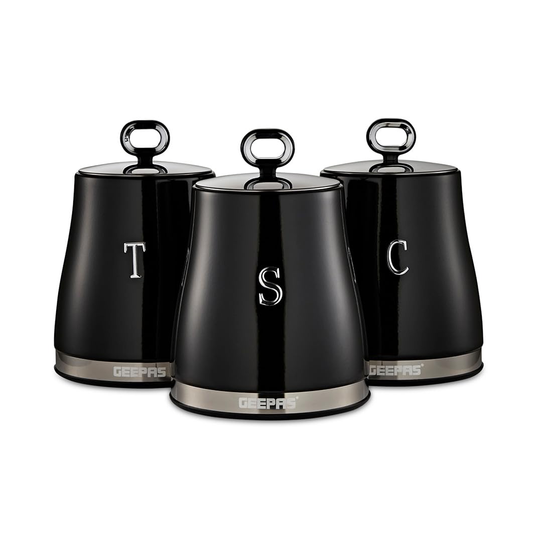 GEEPAS Retrovive 3-Piece Tea Coffee Sugar Canisters Set | 1.4L Airtight Stainless Steel Lids & Durable Carbon Steel Body | Kitchen Storage Canisters Keeps Contents Fresh Aromatic & Flavourful | Black