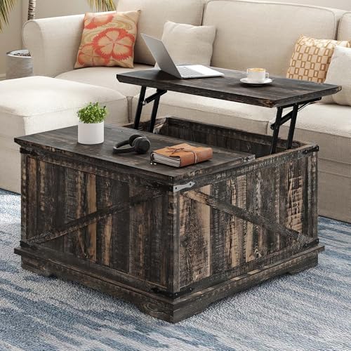 DWVO Lift Top Coffee Table with Storage, Farmhouse Coffee Tables for Living Room, Square Coffee Table with Lifting Top Wood Center Table with Large Hidden Storage, Brown