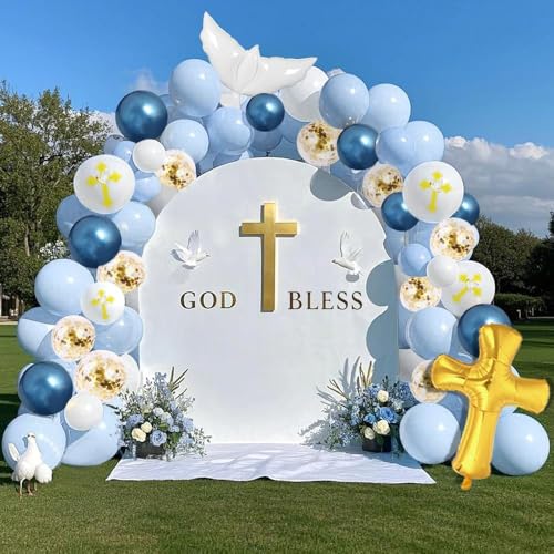 Image of 132Pcs God Bless Baptism Blue Balloon Garland Arch Kit First Holy Communion Decoration Christian Religious Party Decor Cross Dove Balloon Girl Mi Bautizo Christening Birthday Baby Shower Party Supplie