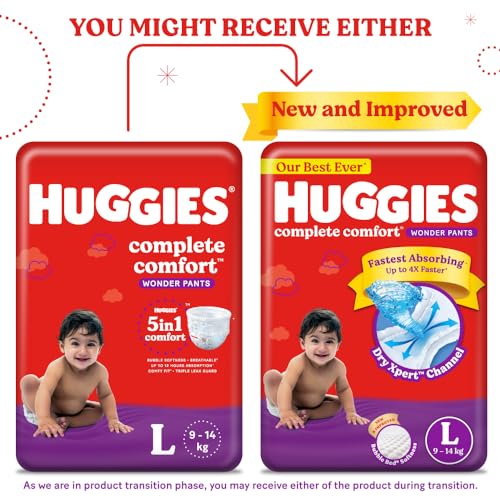 Image of Huggies Complete Comfort Wonder Pants | Pant Style Baby Diapers L Size, 42 Count | India's Fastest Absorbing Diaper, Patented Dry Xpert Channel, Ideal for 9 to 14 Kgs (Pack of 2)