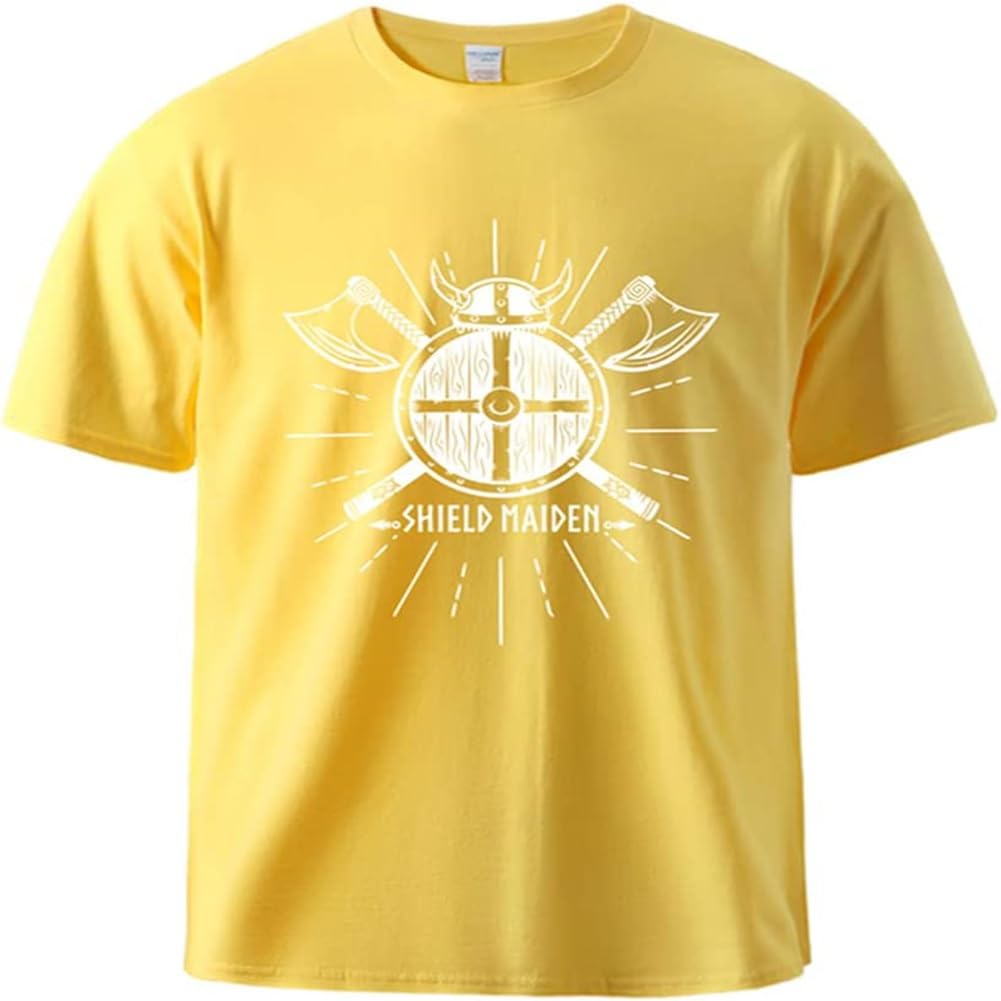 Norse Mythology Battle Ax Men's T-Shirt, 3D Viking Classic Print Summer Breathable Short Sleeves, Birthday Gift Ideas for Family and Friends. Yellow