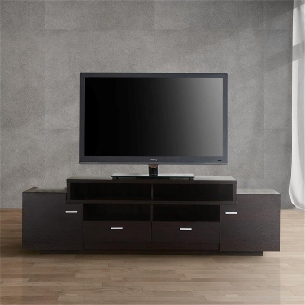 Pemberly Row Contemporary Wood TV Stand, 72 in Wide, Cappuccino Finish, Rear Wiring Access, 2 Cabinets, 2 Drawers, 4 Shelves, Sturdy Design for Living Room TVs up to 72 in
