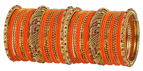 Image of NMII Metal with Zircon Gemstone and Beads Studded Ball Chain Linked Glossy Finished Velvet Bangles Chuda set for Women and Girls