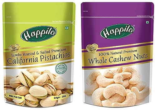 Image of Happilo 100% Natural Premium Whole Cashews, 200g and Happilo Premium Californian Roasted and Salted Pistachios, 200g (Pack of 1)