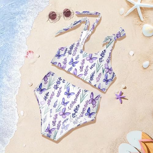 JUNZAN Lavender Flowers Butterflies Girls Bikini Adjustable Strap 2 Piece Swimwear Little Girls Beach Surf Suits 3T4