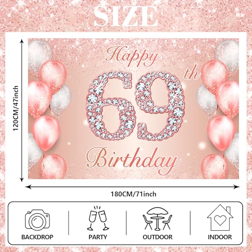 Image of Happy 69th Birthday Rose Gold Banner Cheers to 69 Years Old Backdrop Confetti Balloons Theme Decor for Women 69 Years Old Pink Birthday Party Decorations Bday Supplies Background Favors Gift Glitter