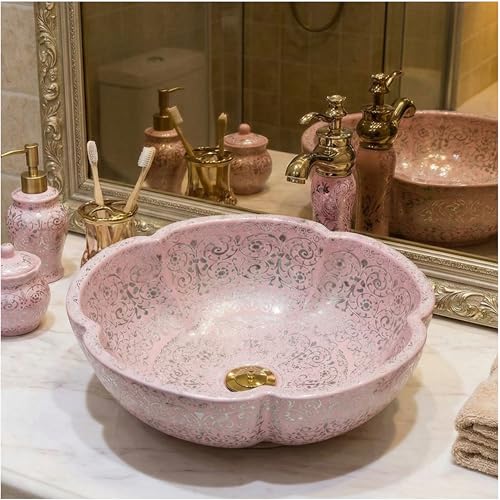 Image of BASSINO 16.5x16.5x5 Inches Designer Moroccan Design Ceramic Tabletop Wash Basin /Matte Pink Floral Art Bowl Sink for Bathroom /Handcrafted Countertop Washbasin for Office /Hotel(Matt)