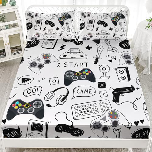 AILONEN Video Game Fitted Sheet Set,Boys Queen Bed Sheet Set,Video Gamer Console Joystick Controller Bed Sheet Set,Computer Retro Arcade Play Gaming Sheet Set 3Pcs, 1 Fitted Sheet and 2 Pillowcases