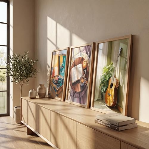 Image of NoWorries Modern Aesthetic Wall Art Framed Painting Set of 3 | Vintage Record Player, Coffee Book & Acoustic Guitar Prints with Frame | Cozy Lifestyle Music Decor Frames for Living Room, Bedroom and Studio, Minimal Contemporary Framed Artwork Ready to Hang (Art-7, 10x13inch, Wooden)