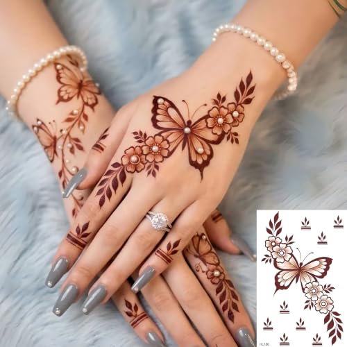 Image of Bilizar 16 Sheets Chic Flower Leaf Temporary Tattoos For Women Finger Hand Tattoo Sticker Body Art Decals, Realistic Floral Vine Leaves Fake Tattoos Waterproof Butterfly Plum Temp Tatoos Long Lasting