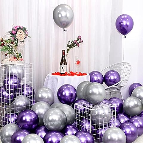 Unisun Metallic Balloons, 50pcs 12inch Shiny Purple Silver Chrome Metallic Balloons, Thicken Latex Balloons for Engagement Baby Shower Birthday Party Decorations Cover