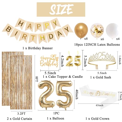 Image of Trgowaul 25th Birthday Decorations for Women, Banner, Sash and Crown, Cake Topper, 25 Number Balloon, Fringe Curtains, Champagne Gold 25th Birthday Party Supplies