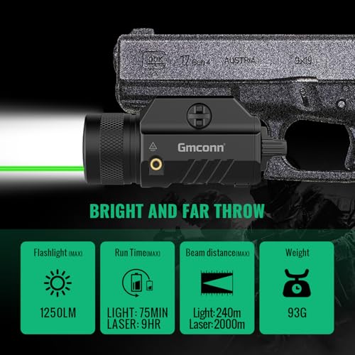 Image of Gmconn 1250 Lumen Tactical Flashlight Green Laser Light Combo, Rechargeable Pistol Light with Strobe /Momentary Compatible with Picatinny