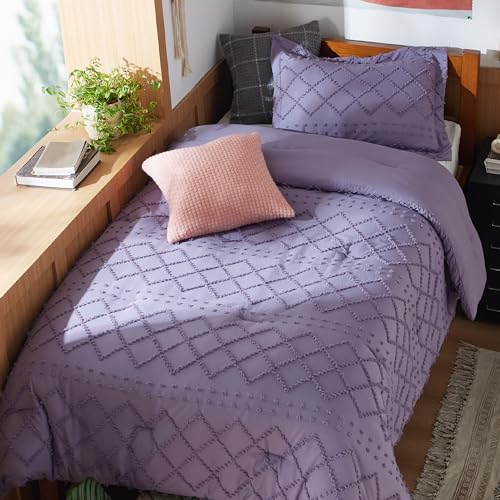 Image of Bedsure Twin Comforter Set - Grayish Purple Boho Twin Comforter, Distressed Vintage Dorm Bedding Set for Kids, 2 Pieces Modern Farmhouse-Style Bed Set, Includes 1 Pillow Sham