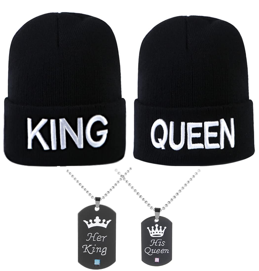 YIQAUMAKing and Queen Beanies Couple Skullies Knit Hats with Queen King Necklaces, Black, One size