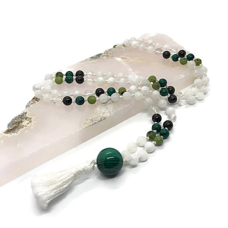 Natural rainbow moonstone, green tourmaline, malachite 6mm-10mm 108 Mala Beads, Spiritual, Meditation Beads, Reiki, Japa Mala, Buddhist Prayer Beads, Yoga Bracelet, healing beads