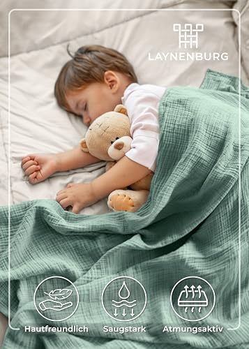LAYNENBURG Premium Musselin Babydecke 120x120cm – 4 lagige Decke aus 100% Baumwolle - Oeko-TEX 100 - Kuscheldecke oder Schlafdecke, Pucktuch, Spucktuch für Baby, Neugeborene & Kinder (mintgrün)