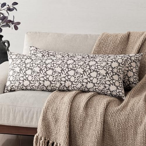 Image of Foindtower Set of 2 Decorative Long Body Lumbar Throw Pillow Covers Accent Farmhouse Cushion Covers Boho Floral Pillowcase for Couch Sofa Bedroom Living Room Home Decor,14x36 Inch,Rustic Gray