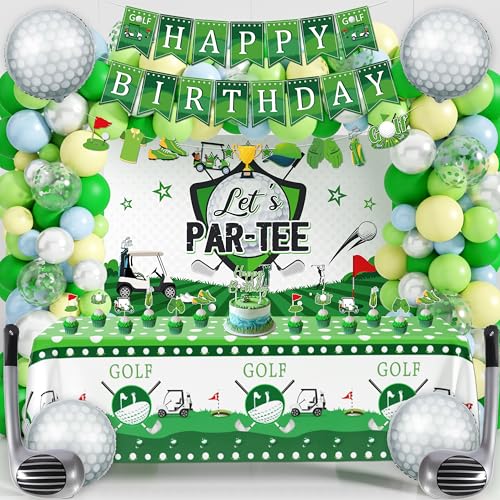 Golf Birthday Party Decorations Set – Happy Birthday Banner, Golf Balloon Arch Kit, Let’s Par-Tee Backdrop, Tablecloth, Cake Toppers – Sports Themed Party Supplies