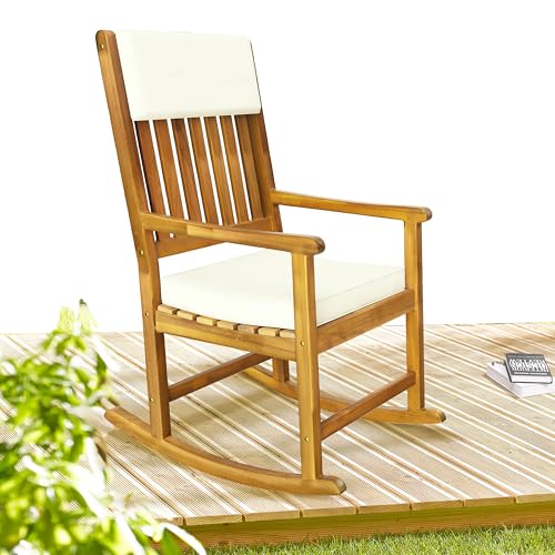 Deuba Rocking Chair en Bois Chaise a Bascule 54x76x102cm Fauteuil intérieur extérieur avec Coussin d'assise – Image 3