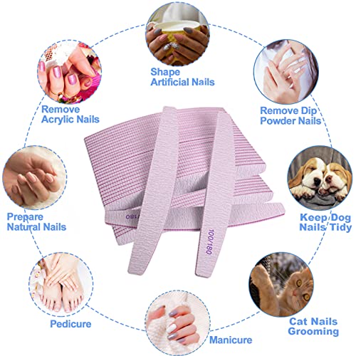 Nail Files (50 Pcs), 100/180 Grit Nail File Emery Board Bulk For Acrylic Nails And Natural Nails, Limas Para Unas Acrilicas Profesional Pack Filers For Gel Nail Double Sided Manicure Curved Gray #TOP6