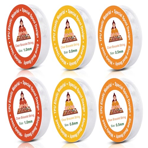 Alyvisun 6 Pcs fio elástico para pulseiras, (0,5 mm, 0,8 mm & 1 mm) fio pulseiras elástico para pulseiras, colares, contas e fabrico de jóias em bricolage (transparente)
