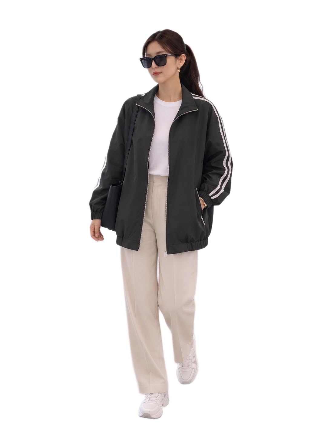 Women's Varsity Style Windbreaker Jacket – Full Zip, Contrast Stripe Sleeves, Ribbed Trim, Oversized Fit-picture-55