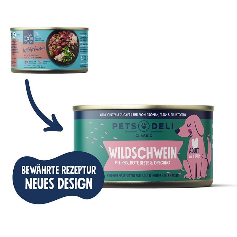 Pets Deli Classic Hunde Nassfutter Wildschwein & Reis, hoher Fleischanteil, leicht verdaulich, mit Roter Bete für eine gesunde Verdauung, getreidefrei, ohne Zucker, 6x200g, Premium Qualität