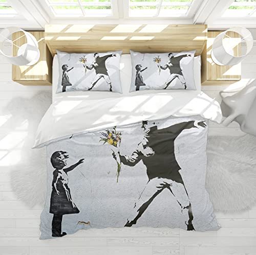 HengYun ART Jeter des Fleurs Couette Housse Setgrey Blue Ballon Girl Microfiber Bedding Set Lavable pour Femmes Hommes Garçons Filles Dortoir Ados 155x200cm