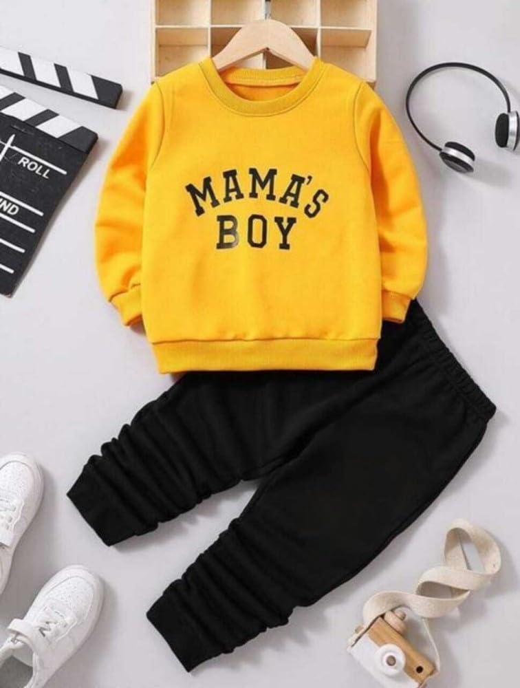 Kids Clothing Set Mama's Boy Printed T-Shirt with Track Pants, Yellow and Black, Full Sleeve Hosiery Cotton, Unisex Casual Wear for Boys and Girls-picture-42