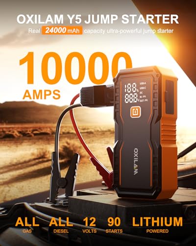 Image of OXILAM 24000mAh Jump Starter for All Gas & Diesel Engines, 10000A Battery Jumper Starter Portable, 12V Jump Box with Quick Charger, Extended Jumper Cable, LED Display, USB, DC, Type C Port & LED Light
