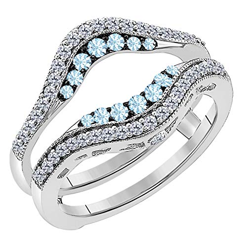 Women's 14k White Gold Plated Alloy Double Row Pave Set 0.50(ctw) CZ Aquamarine & Cubic Zirconia Round Wedding Band Solitaire Enhancer Guard Wrap Ring