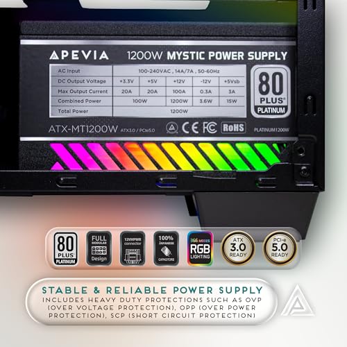Image of Apevia ATX-MT1200W Mystic 1200W Fully Modular 80+ Platinum Certified, PCIe 5.0 & ATX 3.0 Ready Active PFC ATX RGB Gaming Power Supply, Includes Gen 5 12VHPWR Connector & 366 RGB Light Modes