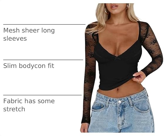 CSDAJIO Women's Sexy Going Out Tops for Women Sweetheart V Neck Long Sleeve Lace Top Low Cut Shirt